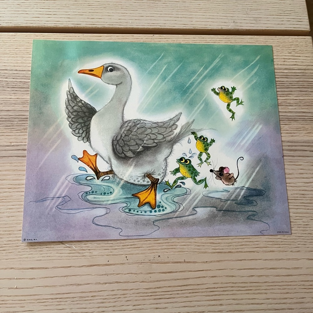 VTG Goose Frogs Mouse Puddle Litho Print Rainy Day NOS George Buckett